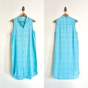CP SHADES Mara 100% Linen Grid Print Sleeveless Shirt Dress in Blue
